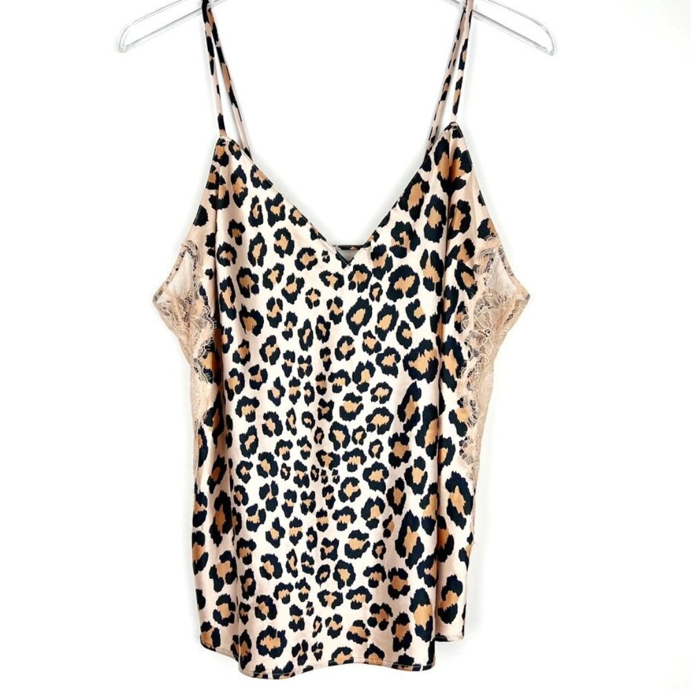 Victoria's Secret Camisole Women's XL Cream Leopard Print Satin Lace Strappy Top
